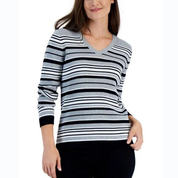 Karen Scott Women's Cotton Striped Iysha V-Neck Sweater - XXL - Picture 1 of 7